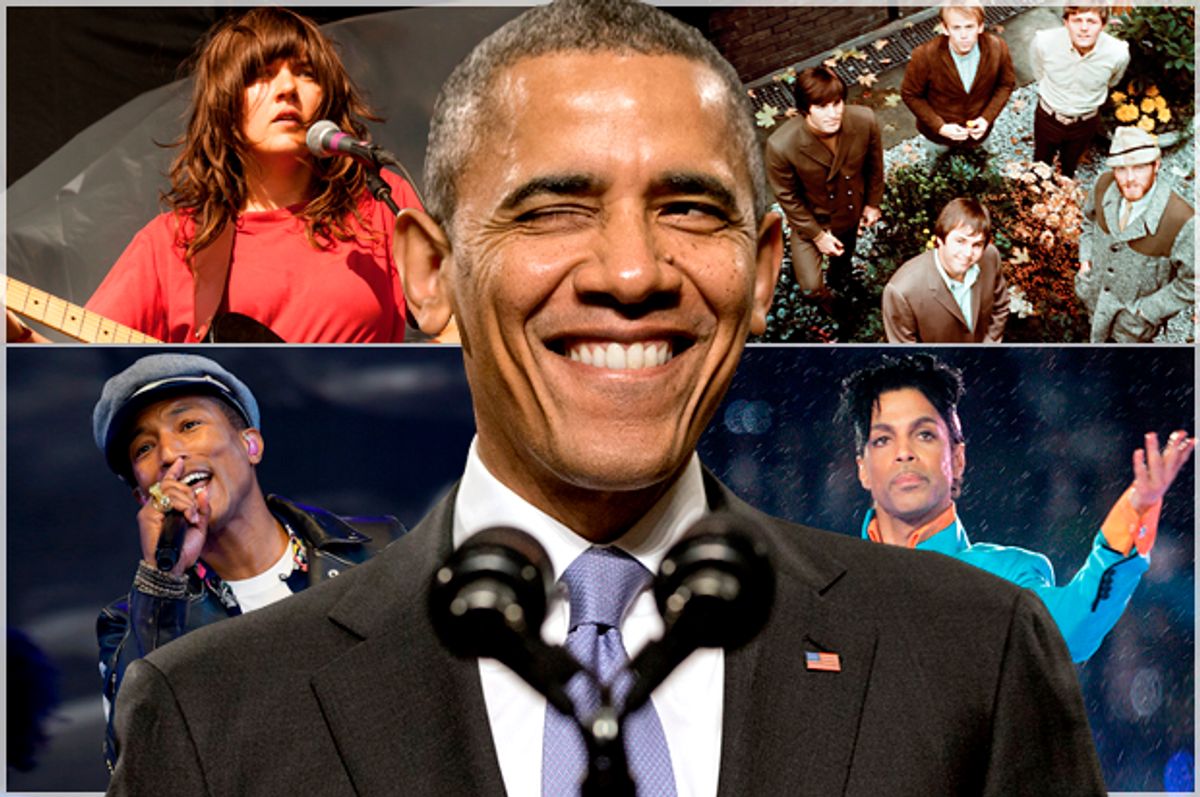 Barack Obama; Clockwise, from top left: Courtney Barnett, The Beach Boys, Prince, Pharrell Williams.   (AP/Jacquelyn Martin/Barry Brecheisen/David J. Phillip/Reuters/Dylan Martinez)