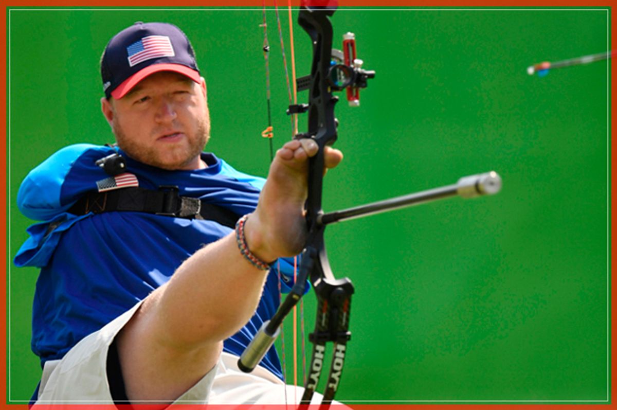 US Matt Stutzman --who has not arms--  competes during the archery qualifying at the Sambodrome during the Rio 2016 Paralympic Games  in Rio de Janeiro, Brazil on september 14, 2016. / AFP / CHRISTOPHE SIMON        (Photo credit should read CHRISTOPHE SIMON/AFP/Getty Images) (Afp/getty Images)