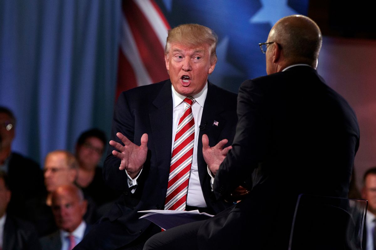 Republican presidential candidate Donald Trump speaks with 'Today' show co-anchor Matt Lauer at the NBC Commander-In-Chief Forum held at the Intrepid Sea, Air and Space museum aboard the decommissioned aircraft carrier Intrepid, New York, Wednesday, Sept. 7, 2016. (AP Photo/Evan Vucci) (AP)