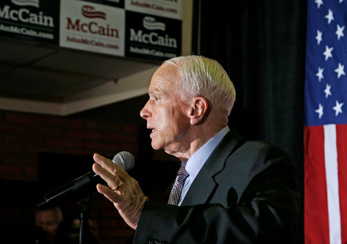 FILE - In this Aug. 30, 2016 file photo, Sen. John McCain, R-Ariz. speaks to supporters in Phoenix. Republicans don’t want to be blamed for prematurely giving up on Donald Trump, the party’s presidential nominee, for fear of alienating his supporters. But with Trump lagging in most polls and Election Day two months off, many in the GOP view the strategy as low-risk because of the deep antipathy many Republicans hold toward Clinton. (AP Photo/Ross D. Franklin, File) (AP)