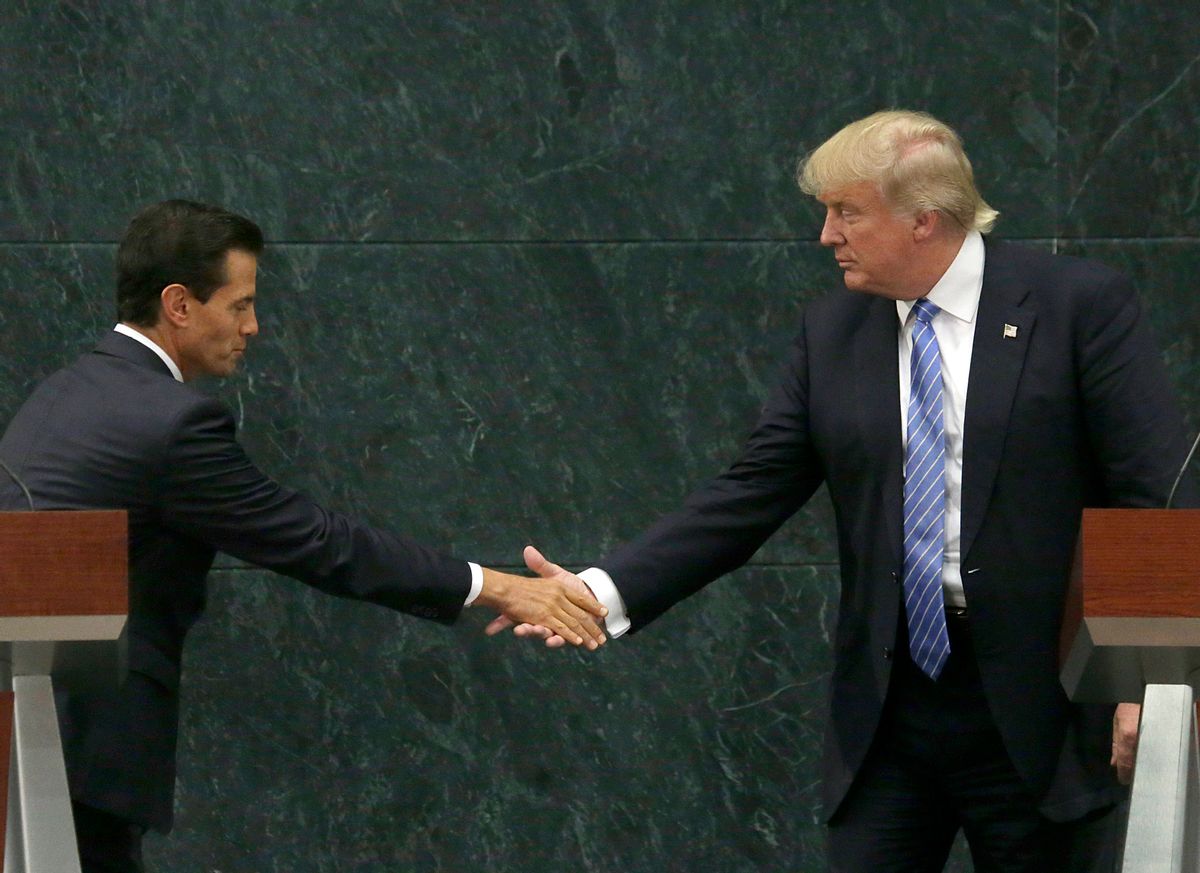 Mexico's President Enrique Pena Nieto and Republican presidential nominee Donald Trump shake hands after a joint statement at Los Pinos, the presidential official residence, in Mexico City, Wednesday, Aug. 31, 2016. Trump is calling his surprise visit to Mexico City Wednesday a 'great honor.' The Republican presidential nominee said after meeting with Pena Nieto that the pair had a substantive, direct and constructive exchange of ideas.(AP Photo/Marco Ugarte) (AP Photo/Marco Ugarte)