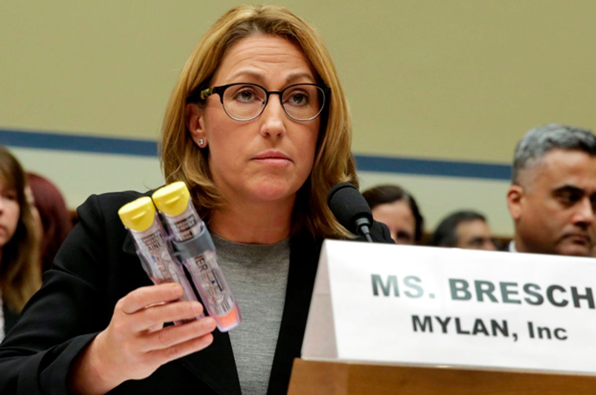 Mylan NL CEO Heather Bresch holds EpiPens during a House Oversight and Government Reform Committee hearing on the Rising Price of EpiPens at the Capitol, September 21, 2016.   (Reuters/Yuri Gripas)