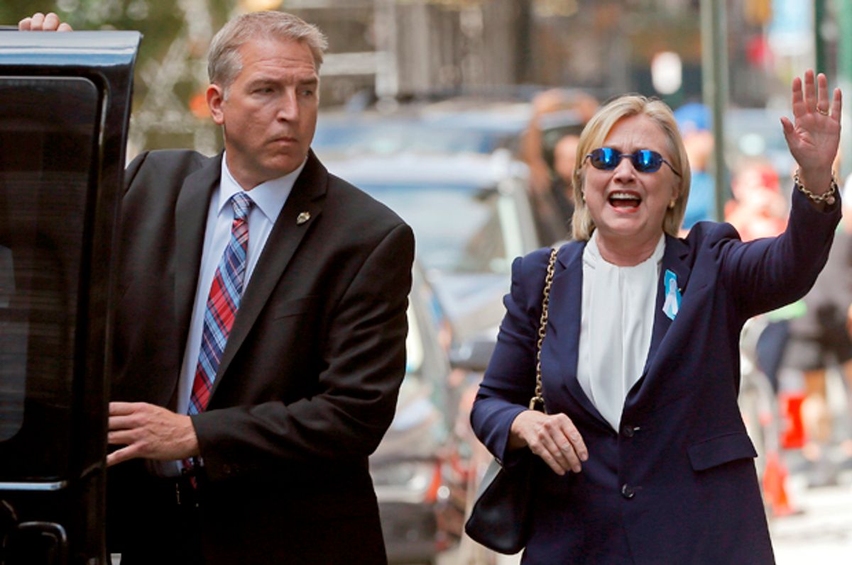 Hillary Clinton leaves her daughter Chelsea's home in New York City, September 11, 2016.   (Reuters/Brian Snyder)