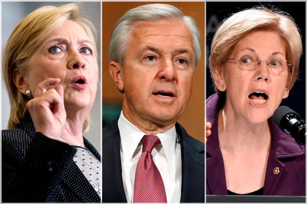 Hillary Clinton; John Stumpf; Elizabeth Warren   (AP/Reuters/Andrew Harnik/Gary Cameron/Nick Wass)