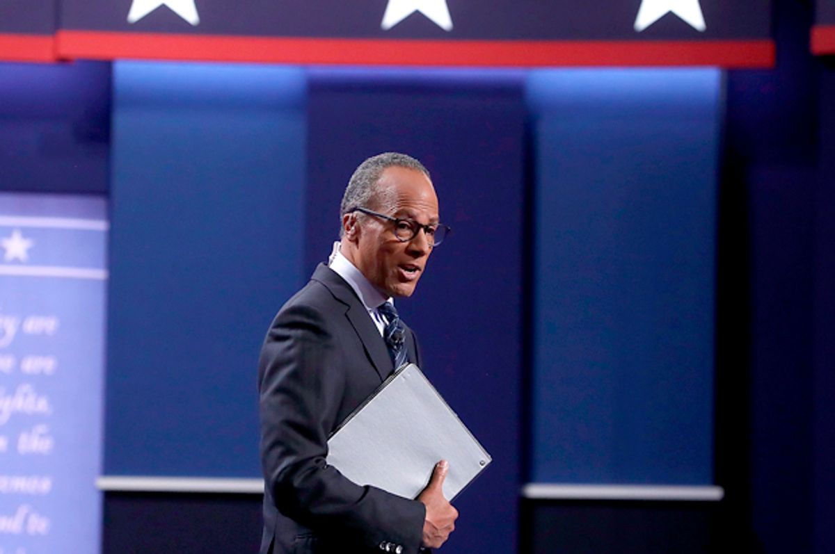 Lester Holt speaks to the audience before the start of the first presidential debate, September 26, 2016 in Hempstead, New York.   (Getty/Justin Sullivan)