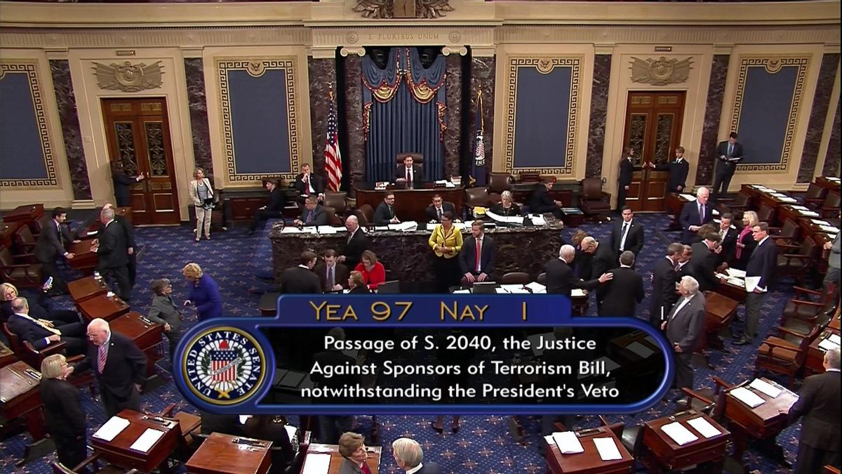 This frame grab from video provided by C-SPAN2, shows the floor of the Senate on Capitol Hill in Washington, Wednesday, Sept. 28, 2016, as the Senate acted decisively to override President Barack Obama's veto of Sept. 11 legislation. The White House saw it coming, but still it stung. When President Barack Obama was hit with the first veto override of his presidency on Wednesday, it landed as a clear reminder of his dwindling political influence, years of confounding relationships with Congress and shaky prospects for the few legislative priorities he has left (C-SPAN2 via AP) (AP)