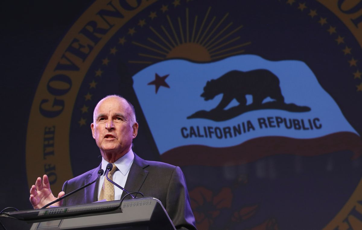 FILE - In this May 18, 2016 file photo, California Gov. Jerry Brown gestures during a community event in Sacramento, Calif. (AP Photo/Rich Pedroncelli, File) (AP)