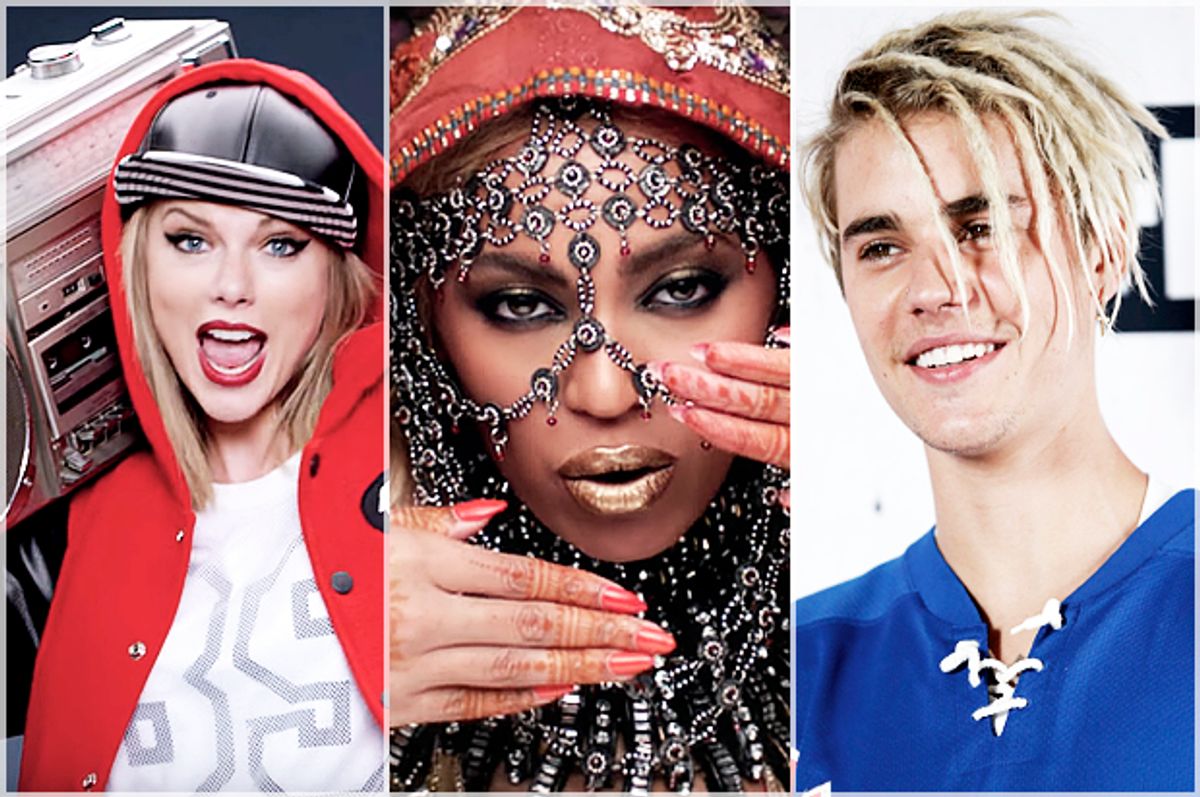 Taylor Swift; Beyoncé; Justin Bieber   (TaylorSwiftVEVO/YouTube/Coldplay-Official/Reuters/Danny Moloshok)