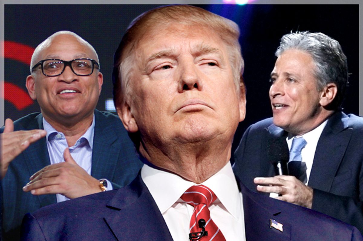 Larry Wilmore; Donald Trump; Jon Stewart   (AP/Reuters/David McNew/Rick Wilking/Lucas Jackson/Photo montage by Salon)