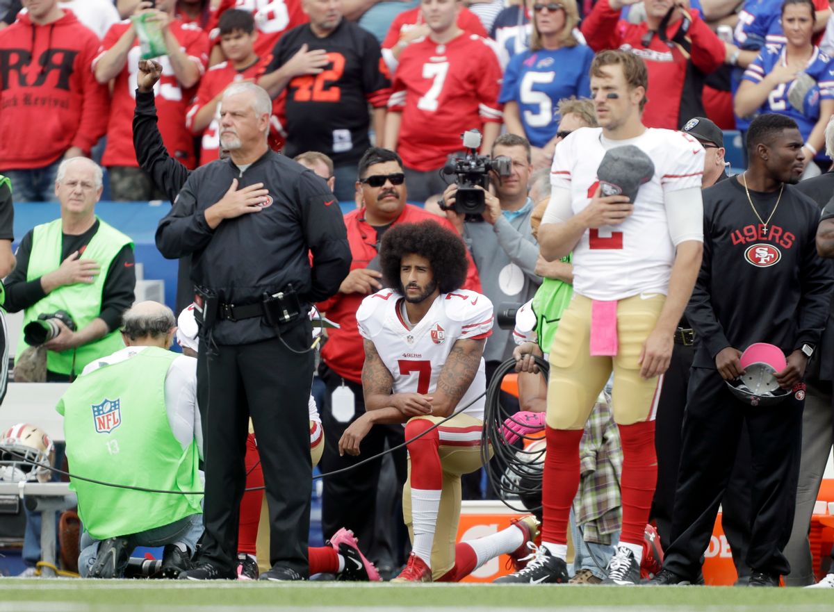 San Francisco 49ers quarterback Colin Kaepernick (7) kneels during the national anthem before an NFL football game against the Buffalo Bills on Sunday, Oct. 16, 2016, in Orchard Park, N.Y. (AP Photo/Mike Groll) (AP)
