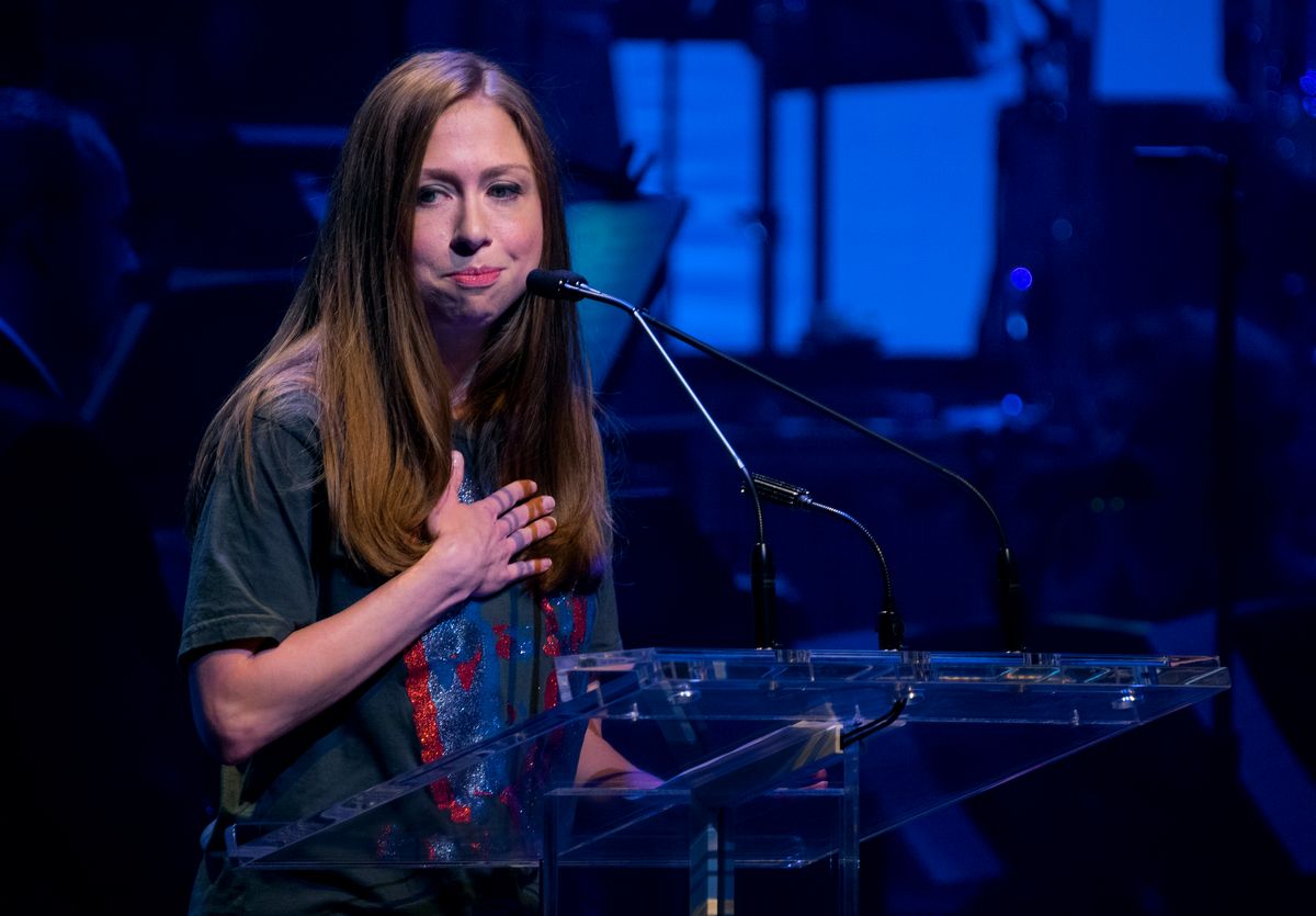 Chelsea Clinton, daughter of Hillary Clinton, speaks about her mother as she joins actors and performers as she participated during a benefit concert for the Hillary Victory Fund Monday, Oct. 17, 2016, in New York. (AP Photo/Craig Ruttle) (AP)