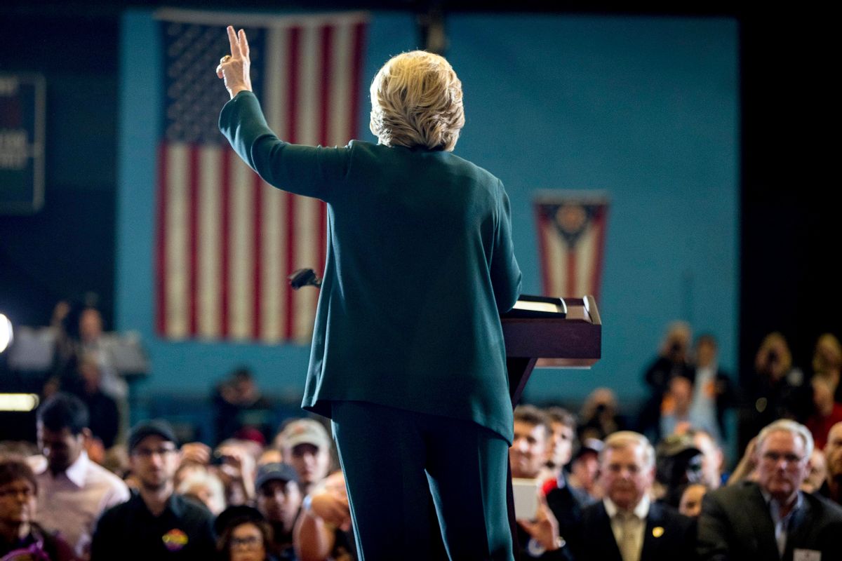 Democratic presidential candidate Hillary Clinton speaks at a rally at Cuyahoga Community College in Cleveland, Friday, Oct. 21, 2016. (AP Photo/Andrew Harnik) (AP)