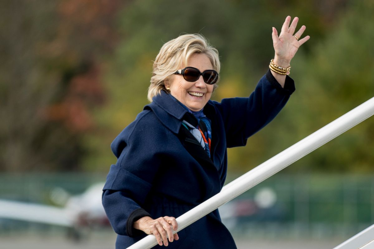 Democratic presidential candidate Hillary Clinton waves as she boards her campaign plane at Westchester County Airport in White Plains, N.Y., Saturday, Oct. 29, 2016, to travel to Florida.  (AP)