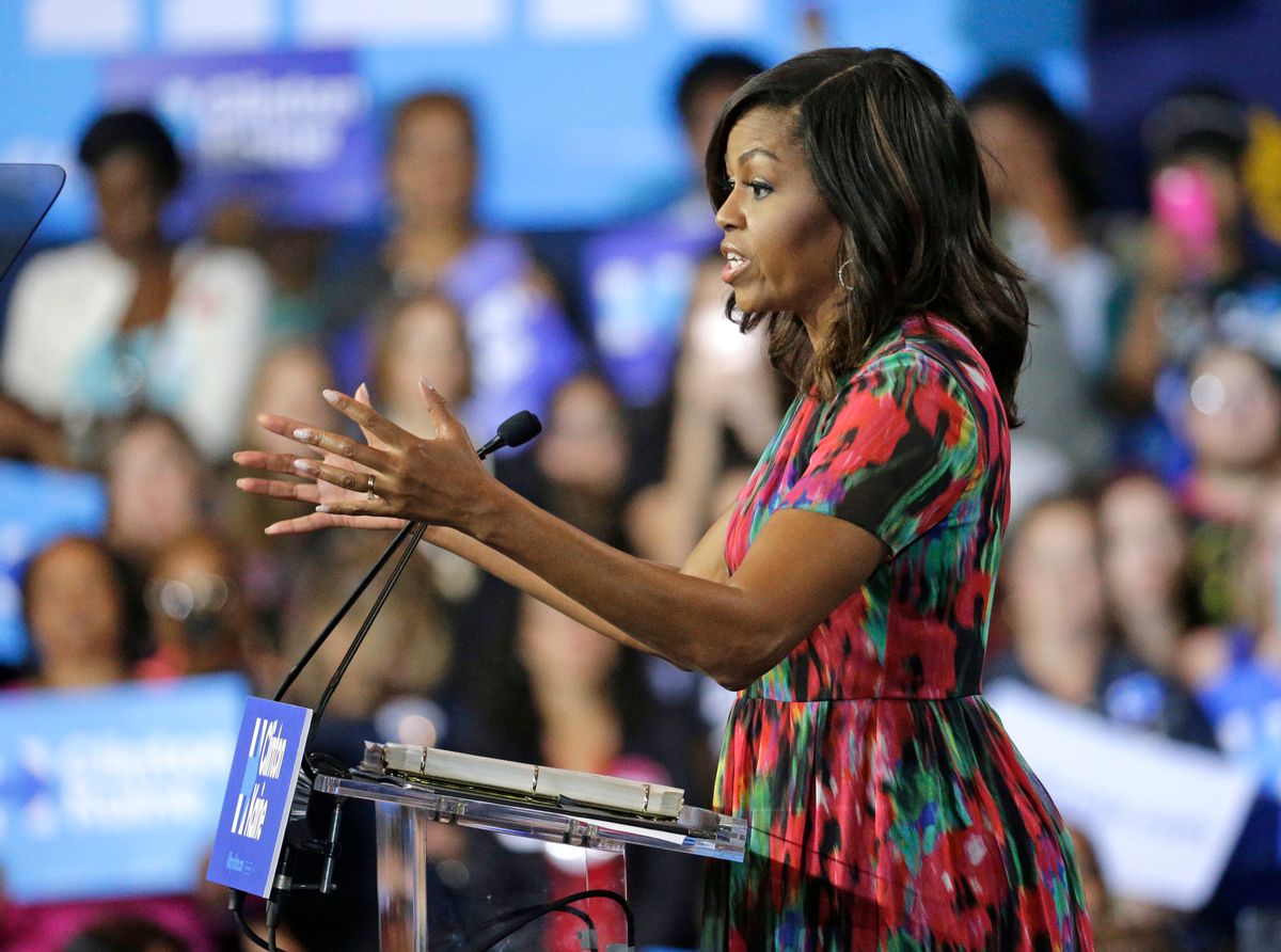 First lady Michelle Obama speaks during a campaign rally for Democratic presidential candidate Hillary Clinton,  Tuesday, Oct. 4, 2016, in Charlotte, N.C. (AP Photo/Chuck Burton) (AP Photo/Chuck Burton)
