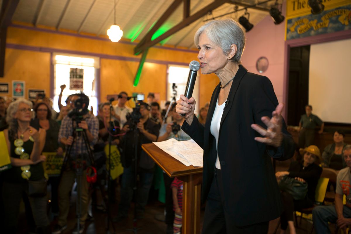 Green party presidential candidate Jill Stein delivers a stump speech to her supporters during a campaign stop at Humanist Hall in Oakland, Calif. on Thursday, Oct. 6, 2016. (AP)