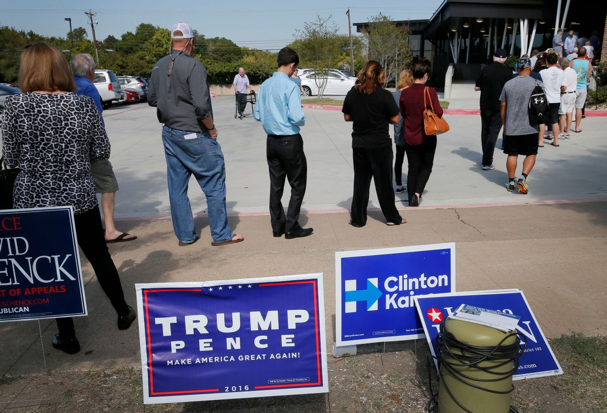 Early voters stand by campaign signage as they wait in line at a voting location, Thursday, Oct. 27, 2016, in Dallas. Republican presidential candidate Donald Trump is again raising the possibility of election rigging in a tweet that follows unsubstantiated claims in Texas of voters having their ballots changed.(AP Photo/Tony Gutierrez) (AP)