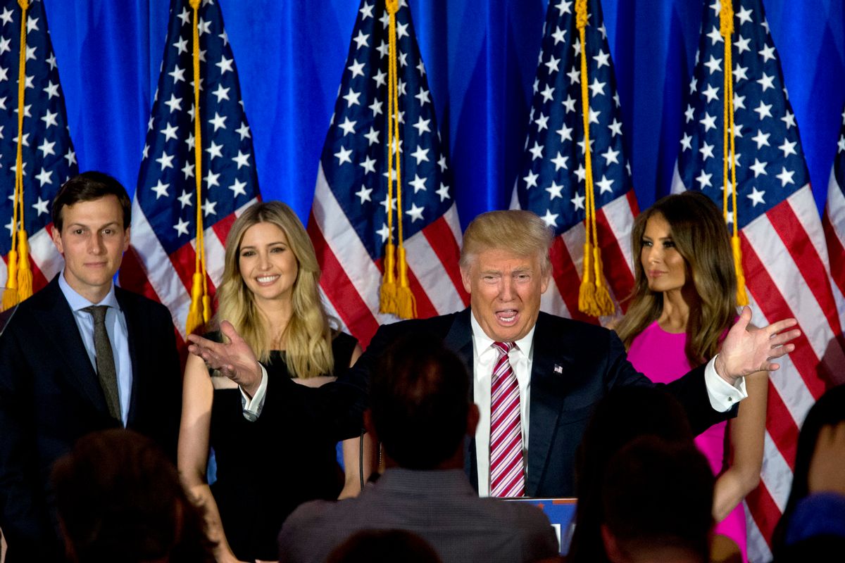 FILE - In this June 7, 2016 file photo, Republican presidential candidate Donald Trump, joined by his wife Melania, daughter Ivanka and son-in-law Jared Kushner, speaks during a news conference at the Trump National Golf Club Westchester in Briarcliff Manor, N.Y. Ushering Trump toward a more analytical approach is Jared Kushner, Trump’s son-in-law and adviser, and Brad Parscale, the campaign’s digital director and a veteran Trump Organization consultant. (AP Photo/Mary Altaffer, File) (AP)