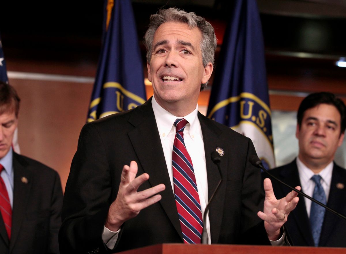 FILE - In this Nov. 15, 2011, file photo former U.S. Rep. Joe Walsh, R-Ill., gestures during a news conference on Capitol Hill in Washington. Walsh tweeted on Oct. 26, 2016, that he plans plans to grab his musket if GOP nominee Donald Trump loses the presidential election. Walsh later said on Twitter that he was referring to “acts of civil disobedience.” (AP Photo/Carolyn Kaster, File) (AP)