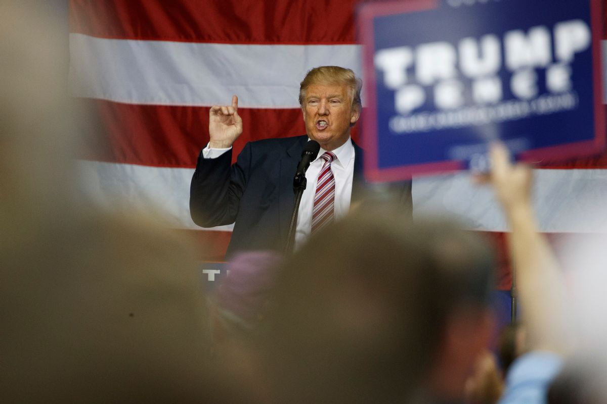 Republican presidential candidate Donald Trump speaks during a campaign rally at the Delaware County Fair, Thursday, Oct. 20, 2016, in Delaware, Ohio. (AP Photo/ Evan Vucci) (AP)