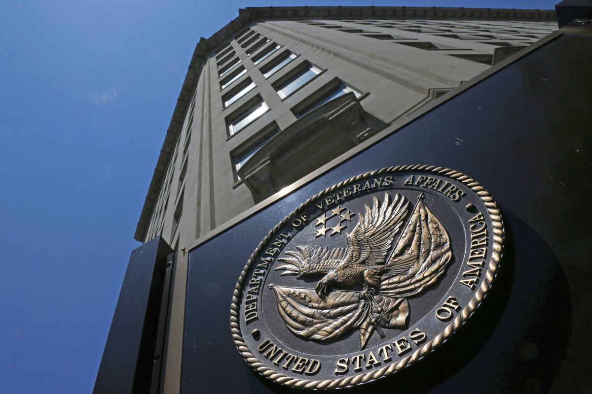 FILE - In this June 21, 2013, file photo, the seal a fixed to the front of the Department of Veterans Affairs building in Washington.(AP Photo/Charles Dharapak, File) (AP)