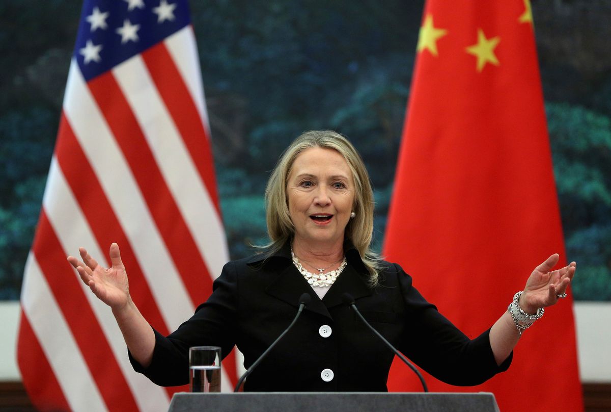 FILE - In this Sept. 5, 2012 file photo, then U.S. Secretary of State Hillary Clinton speaks during her joint conference with Chinese Foreign Minister Yang Jiechi at the Great Hall of the People in Beijing when talks between Clinton and Chinese leaders failed to narrow gaps on how to end the crisis in Syria and how to resolve Beijing's territorial disputes with its smaller neighbors over the South China Sea. Clinton privately said the U.S. would "ring China with missile defense" if the Chinese government failed to curb North Korea's nuclear program, a potential hint at how the former secretary of state would act if elected president. Clinton's remarks were revealed by WikiLeaks in a hack of the Clinton campaign chairman's personal account. (Feng Li/Pool Photo via AP, File) (AP)