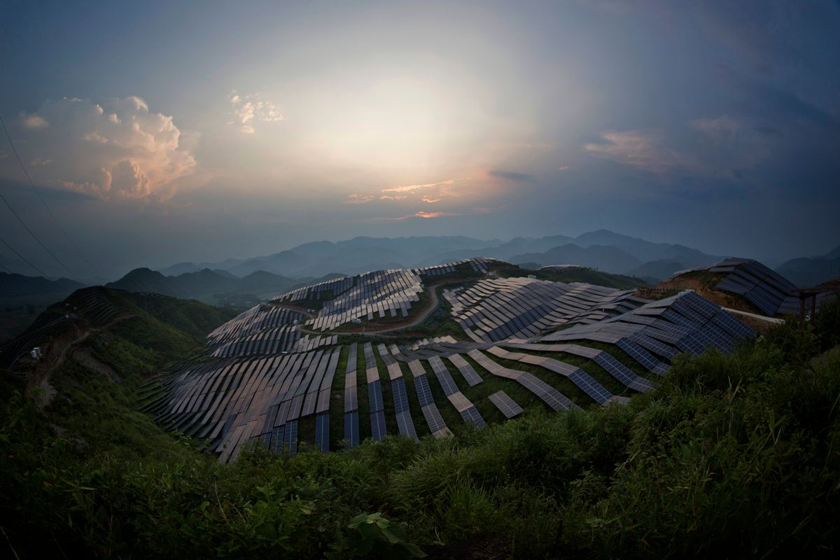 This Aug. 21, 2016 photo shows a view of a photovoltaic power station in Songxi county in southeast China's Fujian province. Solar panels are among a series of industries from steel and cement to wind turbines in which Chinese production capacity soared during the past decade's economic boom until it vastly exceeded demand. (Chinatopix via AP) (AP)