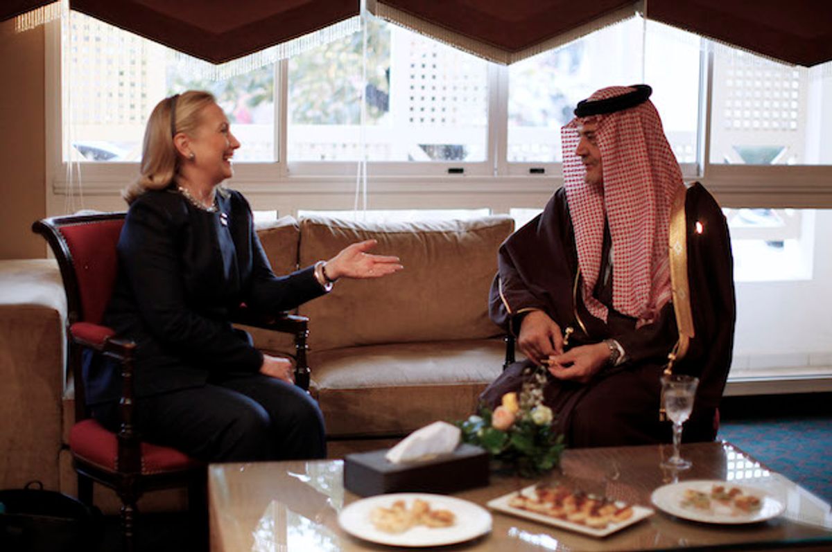 Secretary of State Hillary Clinton meeting with Saudi Foreign Minister Prince Saud al-Faisal at the Friends of Syria Conference in Tunis, Tunisia on February 24, 2012  (Reuters/Jason Reed)