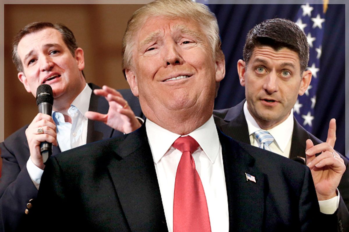 Ted Cruz; Donald Trump; Paul Ryan   (AP/Reuters/Jason Miczek/LM Otero/Gary Cameron/Photo montage by Salon)