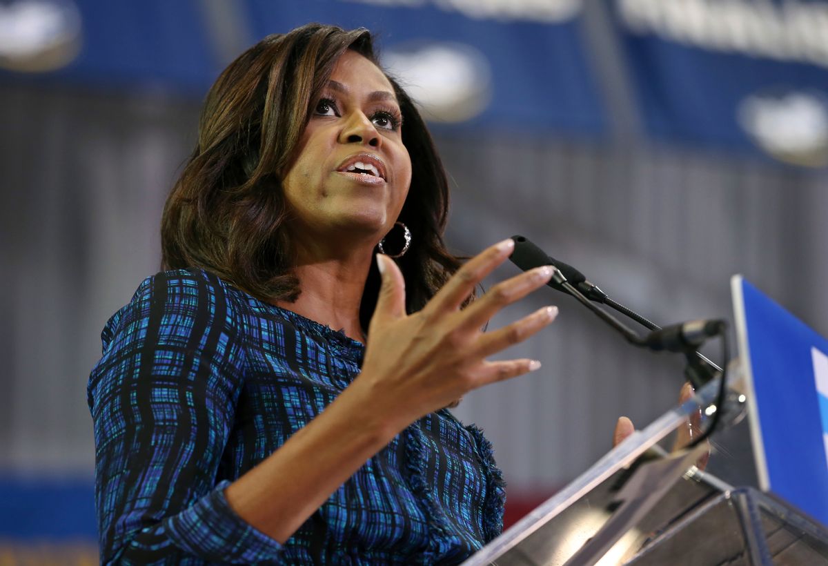 FILE - In this Sept. 28, 2016 file photo, first lady Michelle Obama speaks at LaSalle University in Philadelphia as she campaigns for presidential candidate Hillary Clinton. Obama will mark International Day of the Girl on Oct. 11 by Skyping with girls around the world about education challenges in their lives. (AP Photo/Mel Evans, File) (AP)