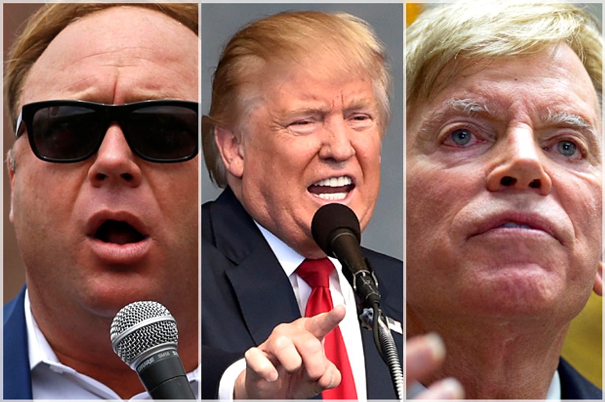 Alex Jones; Donald Trump; David Duke   (Reuters/Lucas Jackson/David Becker/AP/Max Becherer)