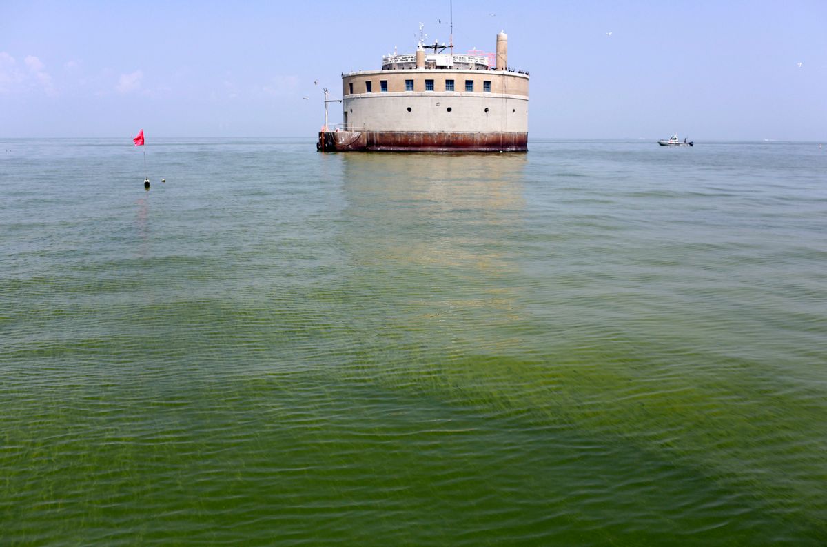 FILE - In this Aug. 3, 2014, file photo, the City of Toledo water intake crib is surrounded by algae in Lake Erie, off the shore of Curtice, Ohio. Groups working to solve Lake Erie’s algae outbreaks agree that a key step will be targeting areas that are sending much of the algae-feeding phosphorus into the lake. (AP Photo/Haraz N. Ghanbari, File) (AP)