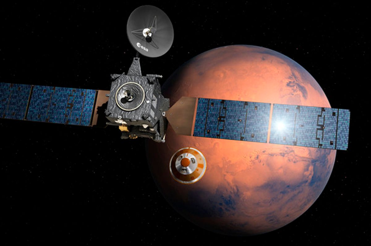 Artist’s impression depicting the ExoMars 2016.   (<a href="http://www.esa.int/spaceinimages/Images/2016/02/Schiaparelli_separating_from_Trace_Gas_Orbiter" target="_blank">esa</a>)