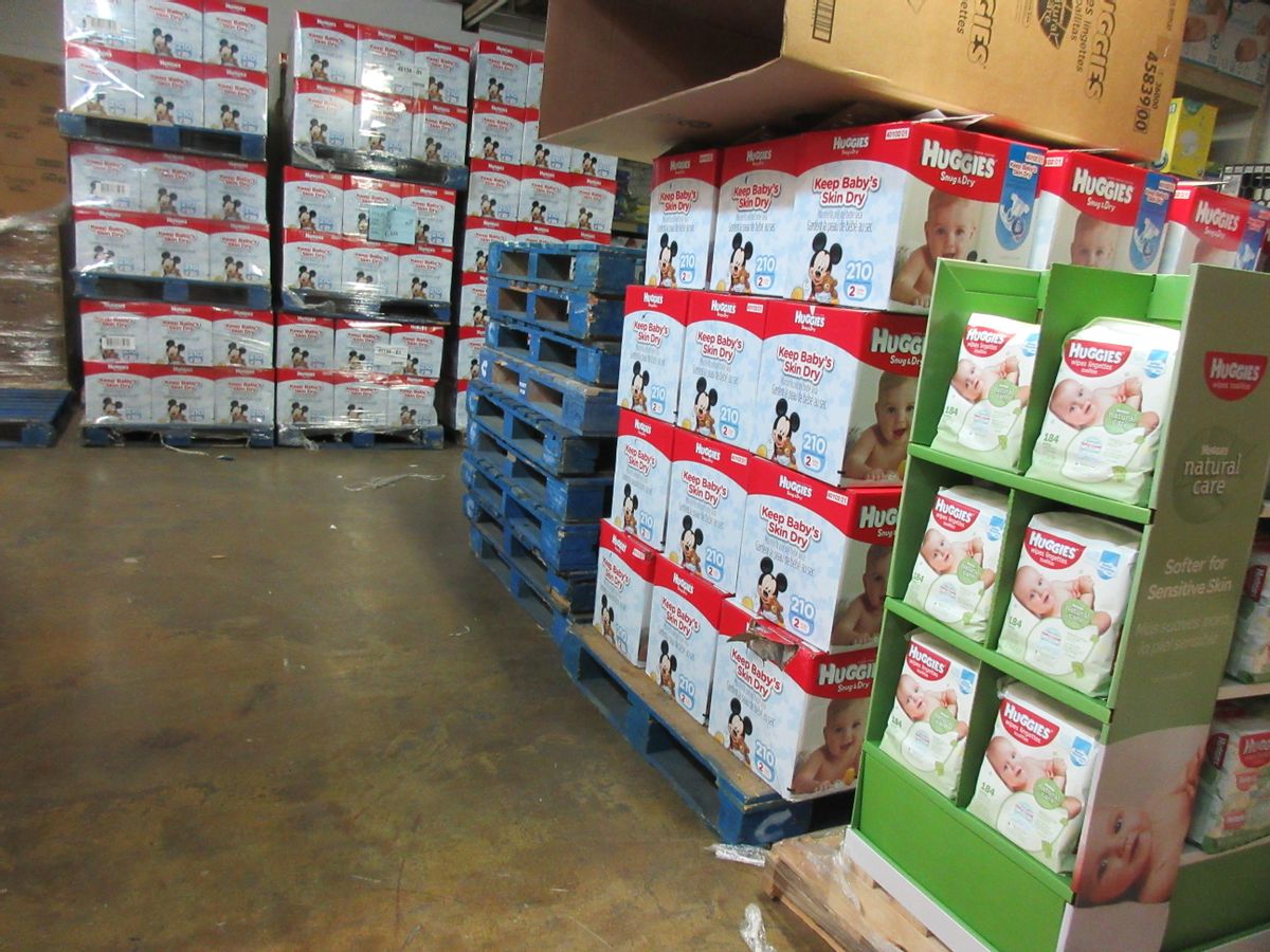 This Sept. 9, 2016 photo shows boxes of donated diapers stacked in a warehouse in North Haven, Conn. The National Diaper Bank Network, which operates the warehouse, distributes the diapers to agencies and community-based organizations like churches, which in turn provide them to families in need. (AP Photo/Beth J. Harpaz) (AP)