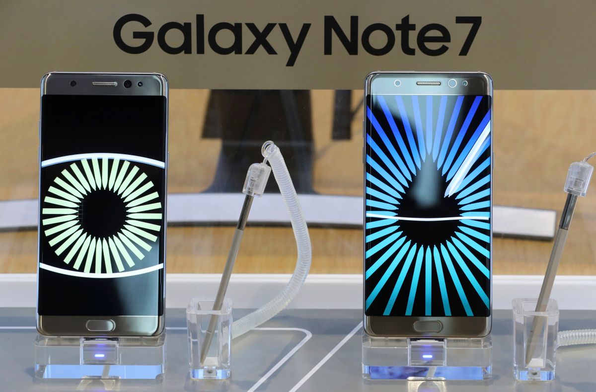 In this Tuesday, Oct. 11, 2016 photo, Samsung Electronics Galaxy Note 7 smartphones are displayed at its shop in Seoul, South Korea. Samsung Electronics said Thursday, Oct. 13, 2016, it has expanded its recall of Galaxy Note 7 smartphones in the U.S. to include all replacement devices the company offered as a presumed safe alternative after the original Note 7s were found prone to catch fire. (AP Photo/Lee Jin-man) (AP)