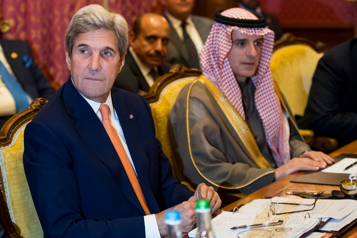 U.S. Secretary of State John Kerry, left, and Saudi Arabia's  Foreign Minister Adel al-Jubeir, right, attend a  meeting where they discussed the crisis in Syria, in Lausanne, Switzerland, Saturday, Oct. 15, 2016.  (Jean-Christophe Bott/Pool Photo via AP) (AP)