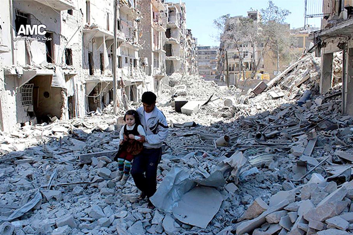 Syrian man holding a girl as he stands on the rubble of houses that were destroyed by Syrian government forces air strikes in Aleppo, Syria   (AP)