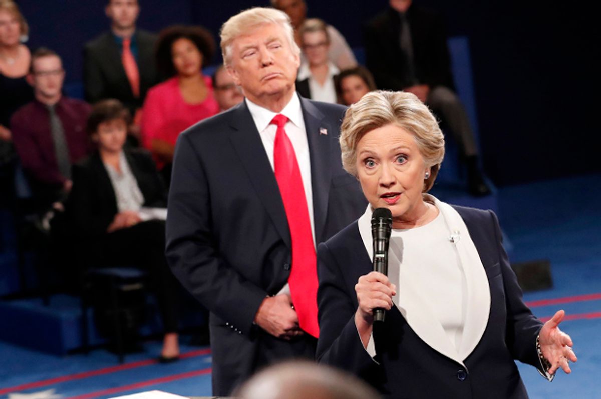 Donald Trump, Hillary Clinton at the presidential debate in St. Louis, Sunday, Oct. 9, 2016.    (AP/Rick T. Wilking)
