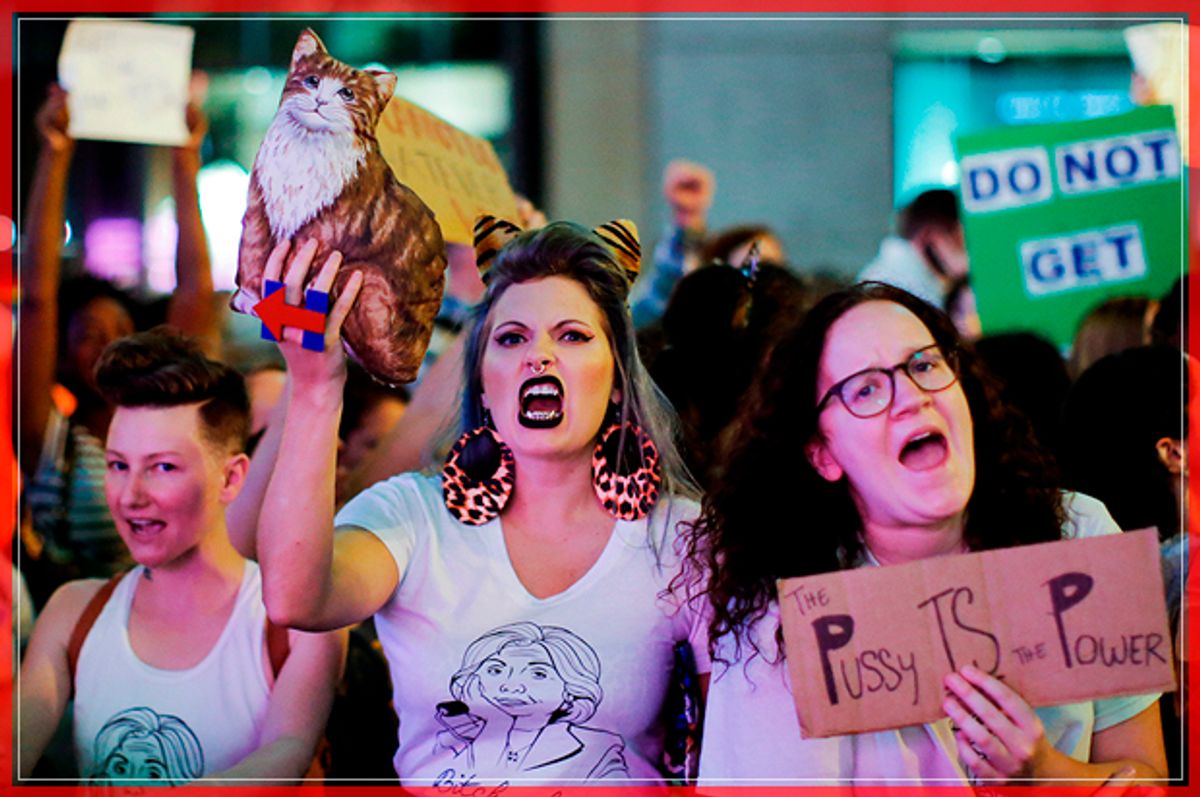 Women protest against Republican presidential nominee Donald Trump and the GOP in front of Trump Tower in Manhattan, New York City, U.S., October 19, 2016.   (Reuters)