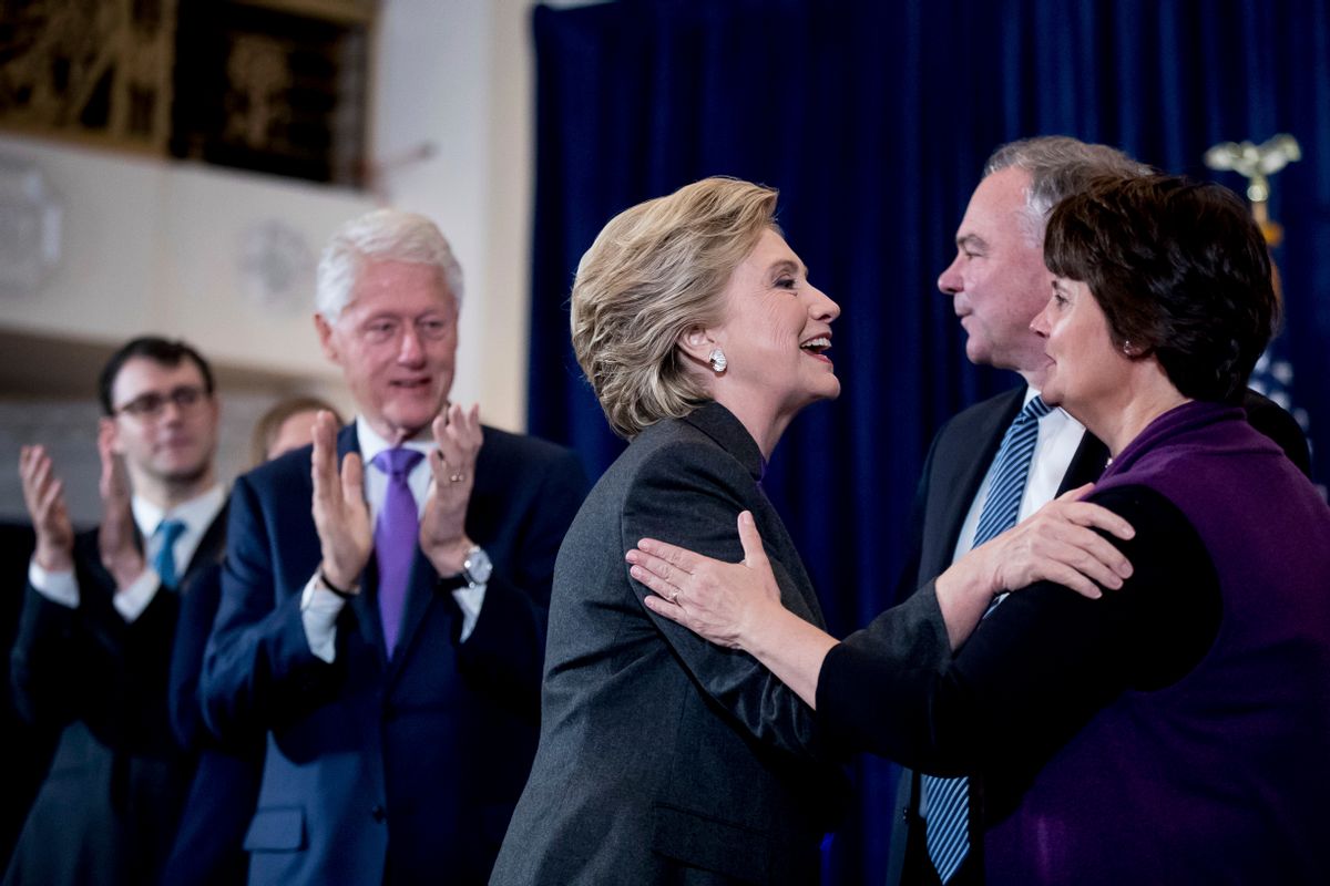 Former President Bill Clinton as his wife, Democratic presidential candidate Hillary Clinton greets her running mate, Democratic vice presidential candidate, Sen. Tim Kaine, D-Va.,and his wife Anne Holton, after speaking at the New Yorker Hotel in New York, Wednesday, Nov. 9, 2016, where she conceded her defeat to Republican Donald Trump after the hard-fought presidential election. (AP Photo/Andrew Harnik) (AP Photo/Andrew Harnik)