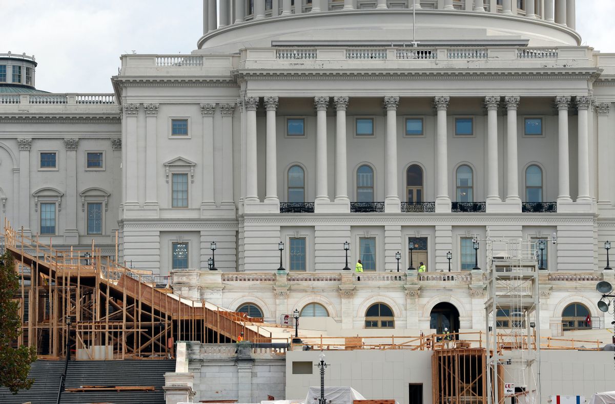 Construction of the inaugural stand continues on Capitol Hill in Washington, Wednesday, Nov. 9, 2016, for the upcoming January inauguration of President-elect Donald Trump. (AP Photo/Alex Brandon) (AP)