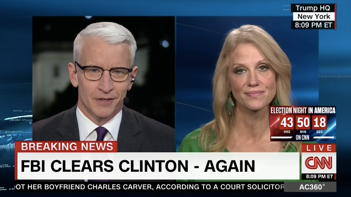 Anderson Cooper interviews Trump campaign manager Kellyanne Conway on CNN, November 6, 2016 (CNN)