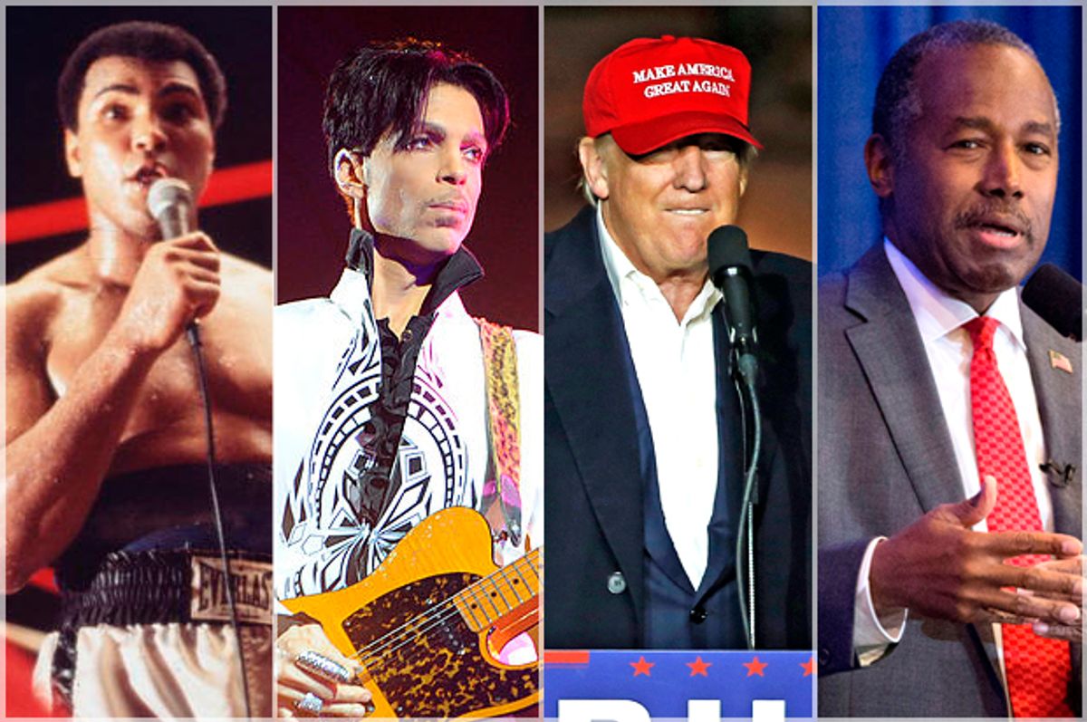 Muhammad Ali; Prince; Donald Trump; Ben Carson   (Getty/Keystone/Bertrand Guay/APGene J. Puskar/Getty/Dominick Reuter)