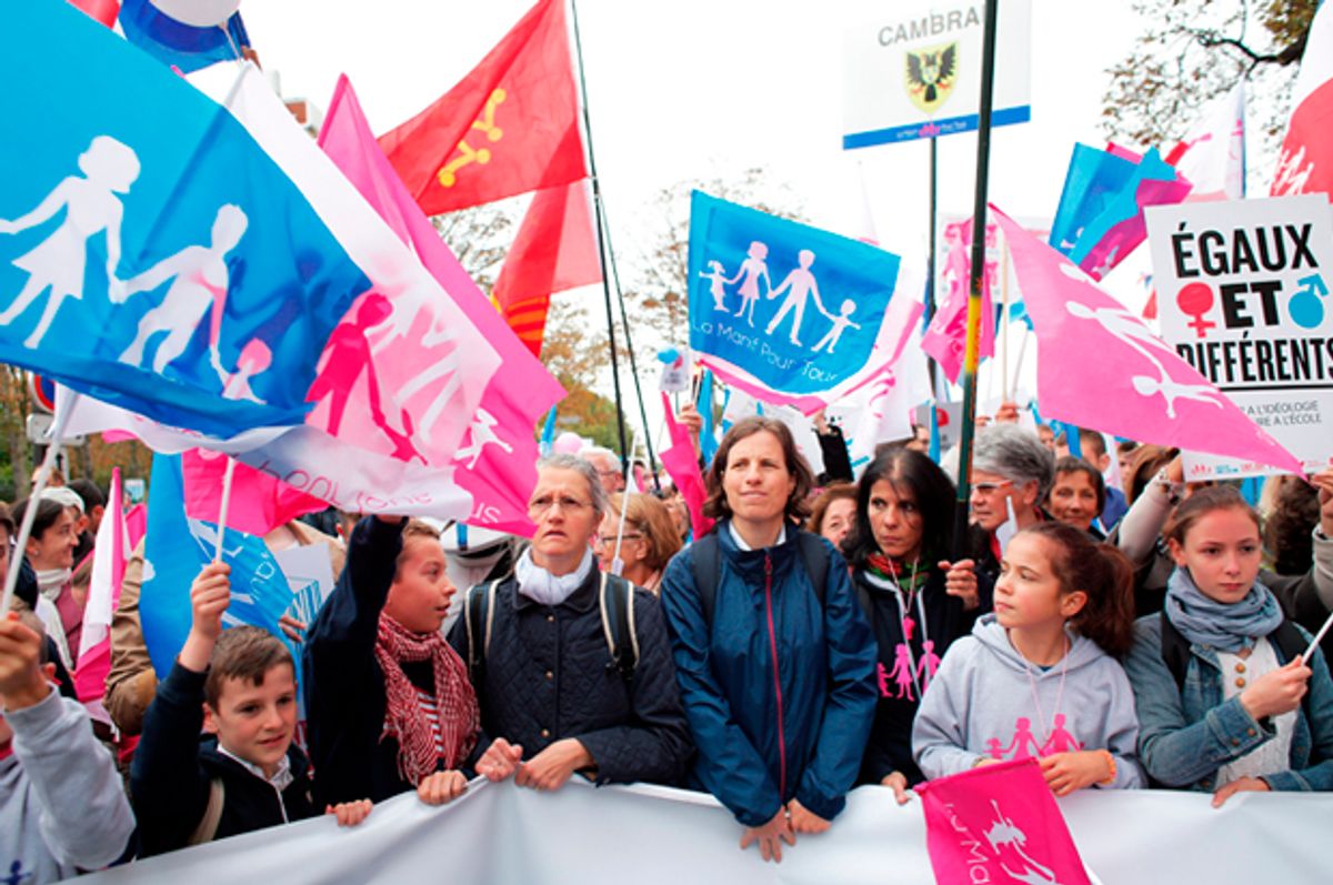 Activists march through Paris to defend what they call traditional family values   (AP/Thibaut Camus)