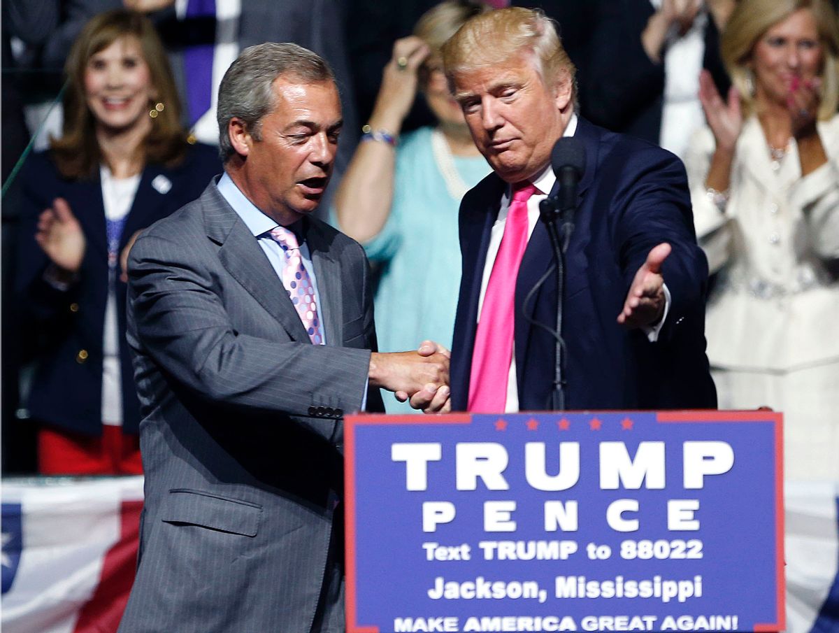 FILE - In this Wednesday, Aug. 24, 2016, file photo, then-Republican presidential candidate Donald Trump, right, welcomes pro-Brexit British politician Nigel Farage. (AP)