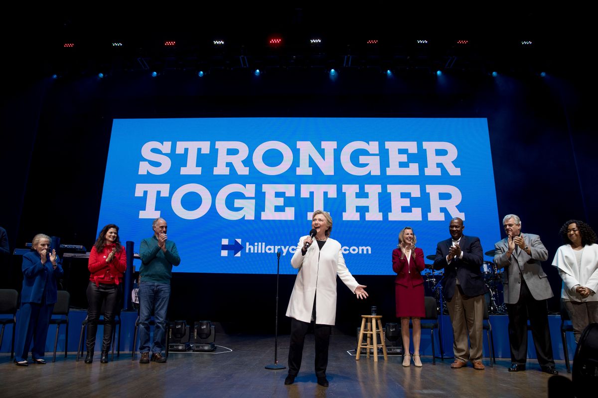 Democratic presidential candidate Hillary Clinton takes the stage for a Get Out the Vote concert at the Mann Center for the Performing Arts in Philadelphia, Saturday, Nov. 5, 2016. (AP Photo/Andrew Harnik) (AP)