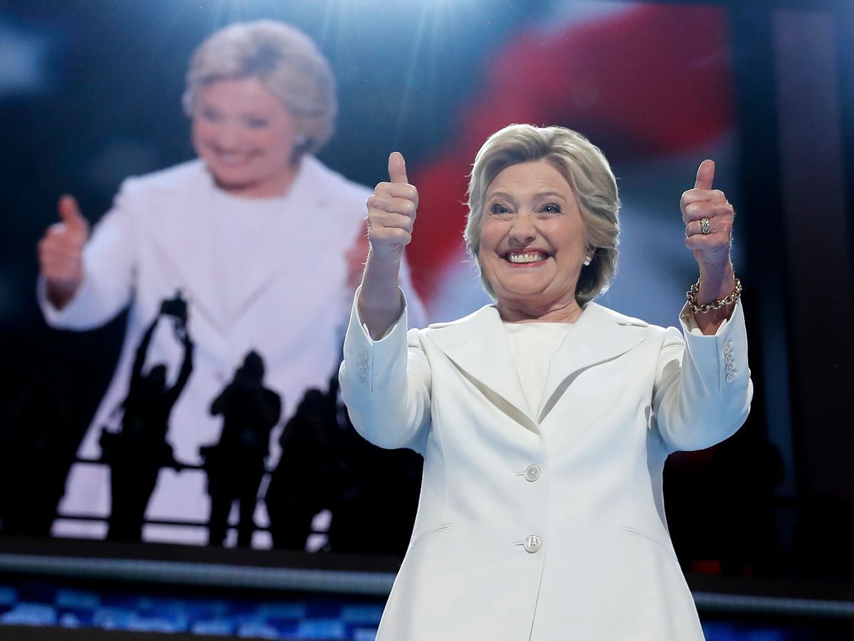 FILE - In this July 28, 2016, file photo, Democratic presidential candidate Hillary Clinton gives her thumbs up as she appears on stage during the final day of the Democratic National Convention in Philadelphia. Every presidential race has its big moments. This one, more than most. (AP Photo/Carolyn Kaster, file) (AP)