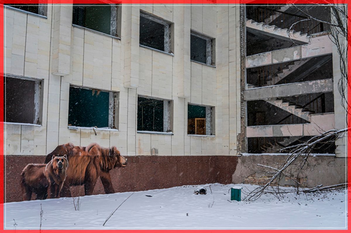 PRIPYAT, UKRAINE - NOVEMBER 29: Graffiti on a building on the main square in the town of Pripyat, which was abandoned following the Chernobyl nuclear accident, on November 29, 2016 in Pripyat, Ukraine. On April 26, 1986 workers at the Chernobyl nuclear power plant inadvertantly caused a meltdown in reactor number four, causing it to explode and send a toxic cocktail of radioactive fallout into the atmosphere in the world's worst civilian nuclear incident. More than thirty years later, the New Safe Confinement sarcophagus has been constructed and slid into place over the old reactor, an event being marked today by a ceremony including Ukraine's president. (Photo by Brendan Hoffman/Getty Images) (Getty Images)