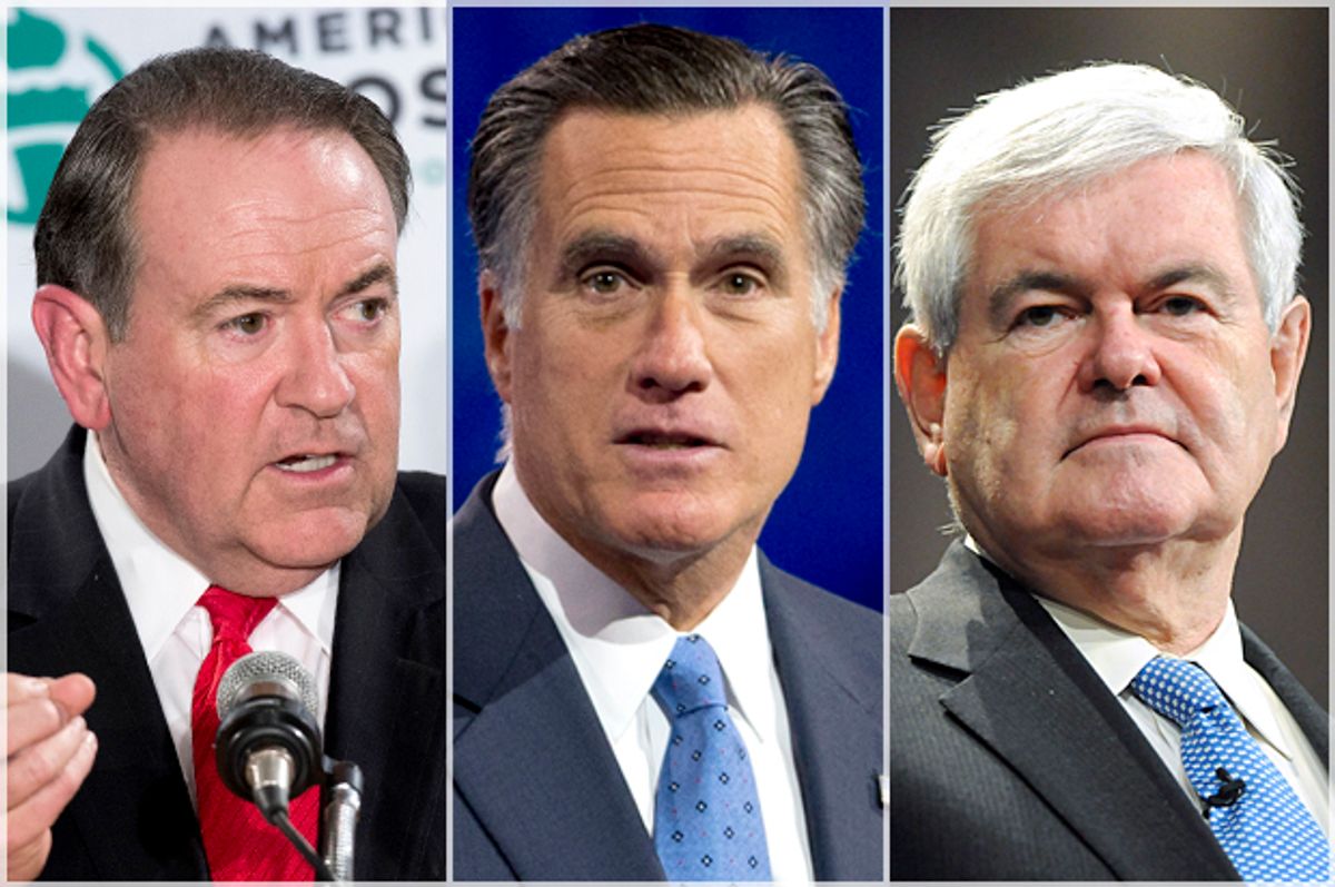 Mike Huckabee; Mitt Romney; Newt Gingrich   (AP/Reuters/Lucas Jackson/Manuel Balce Ceneta/Tami Chappell)