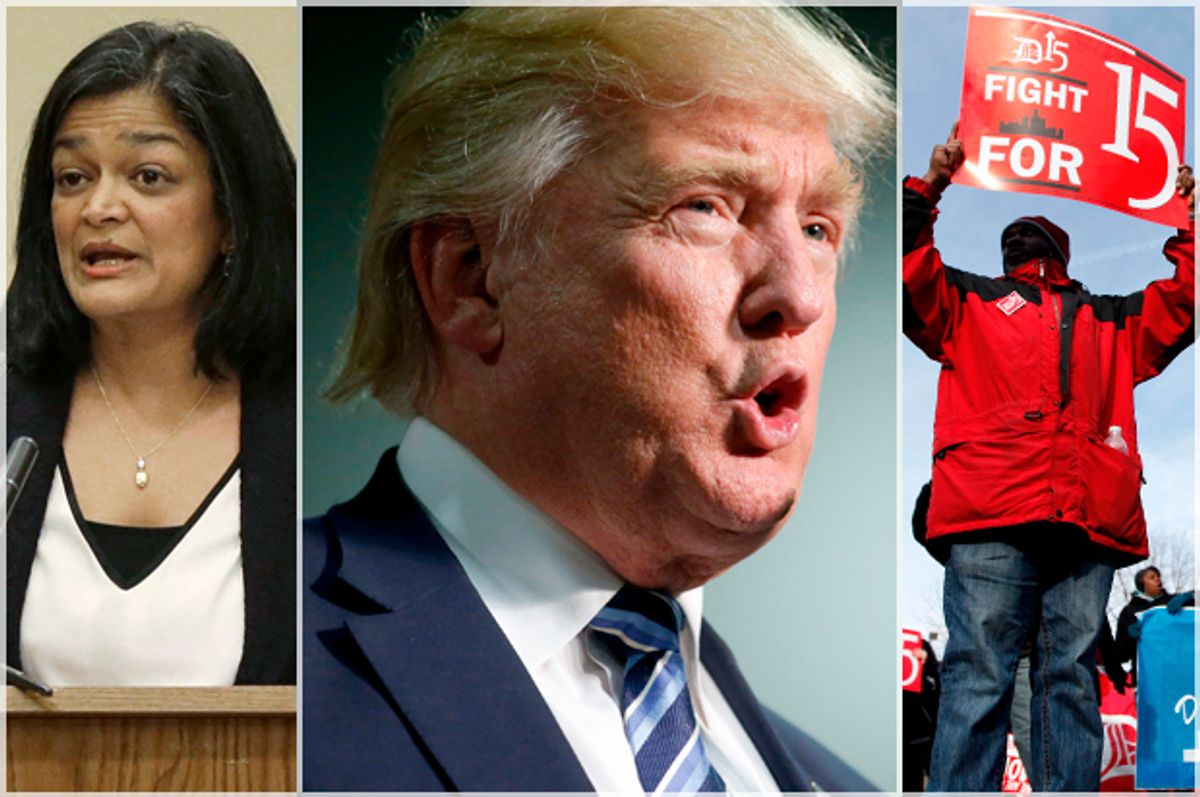 Pramila Jayapal; Donald Trump; Minimum Wage Protester   (AP/Ted S. Warren/Getty Brian Blanco/AP/Paul Sancya)