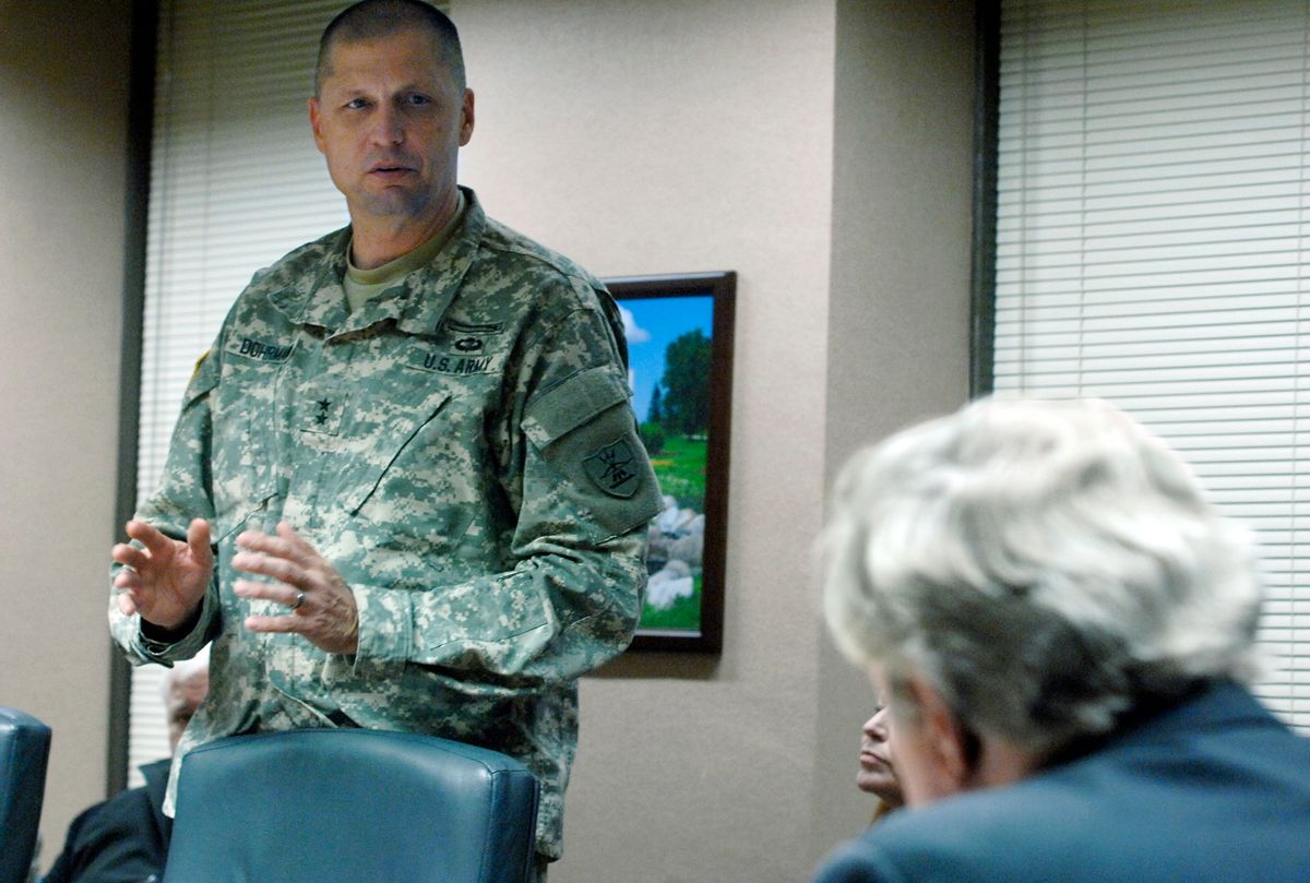 Maj. Gen. Alan Dohrmann, the leader of the state's National Guard, speaks at the state Capitol in Bismarck, N.D., to Gov. Jack Dalrymple, right, and other members of the state Emergency Commission while requesting an additional $4 million for the North Dakota Department of Emergency Services related to law enforcement costs associated with the Dakota Access Pipeline protests in Morton County. The state agreed Tuesday to borrow an additional $4 million to cover the escalating law enforcement costs, bringing the total line of credit to $10 million. Dalrymple says officials have asked for contributions from the federal government, the pipeline company, an American Indian tribe, "and any entity we can think of."  (Mike McCleary/The Bismarck Tribune via AP) (AP)